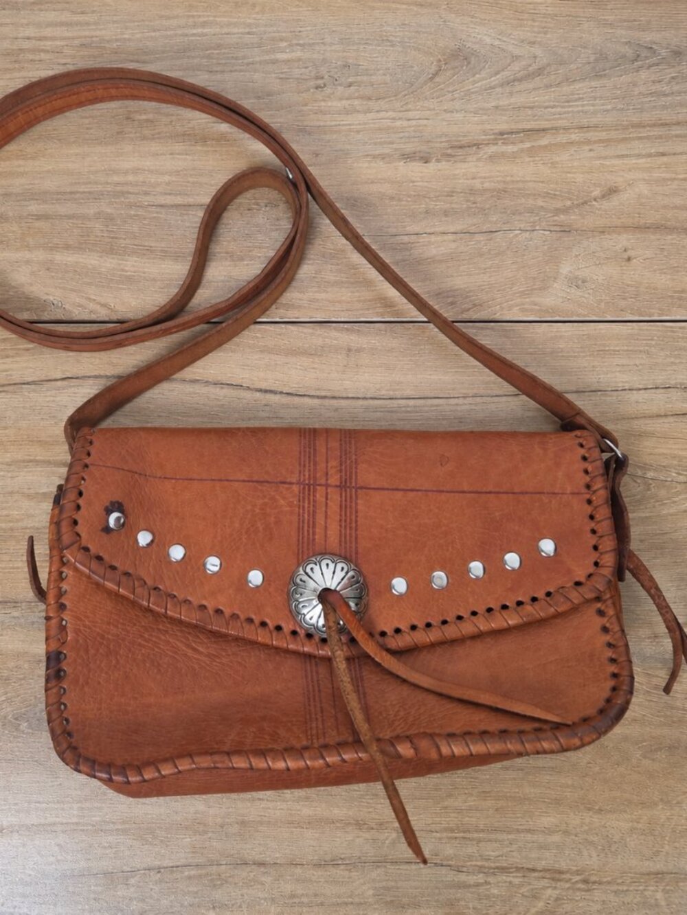 Vintage Four Winds Leather Crossbody Bag Brown Western Concho Handmade Morocco